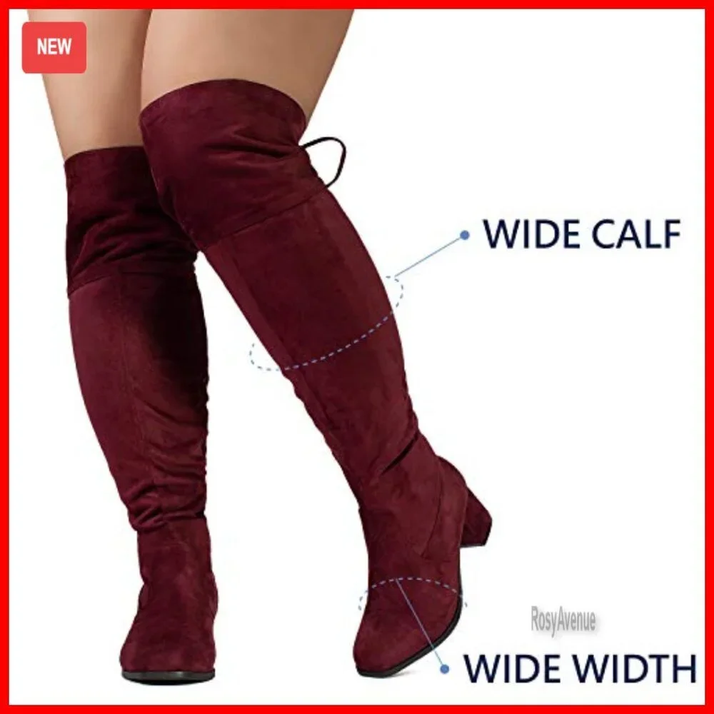 Wide Calf Over The Knee Boots, Block Heel, Stretchy Vegan Material, Plus Size